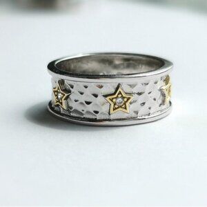 Hammered sterling silver 14k gold stars accent white sapphire band ring
